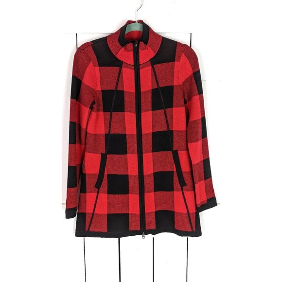 Adrienne Vittadini red black checkered buffalo plaid zipper cardigan sweater - Picture 2 of 6